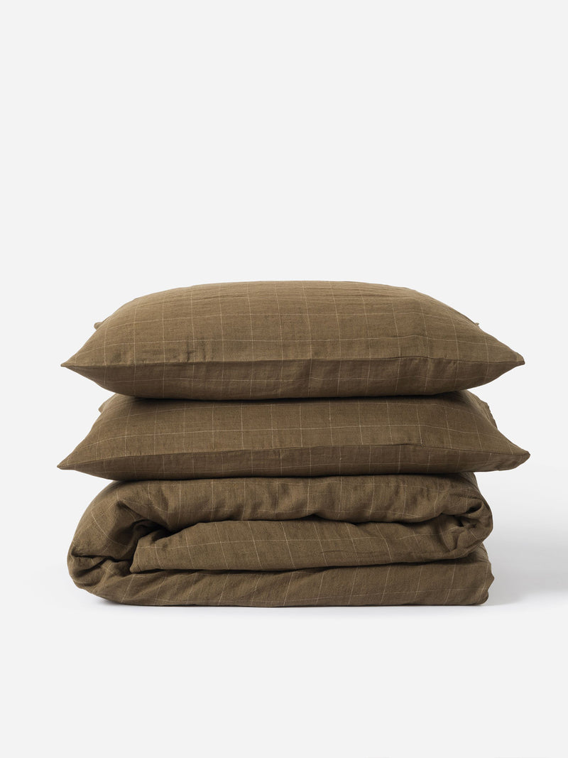 Grid Linen Duvet Cover - Seaweed/Olive